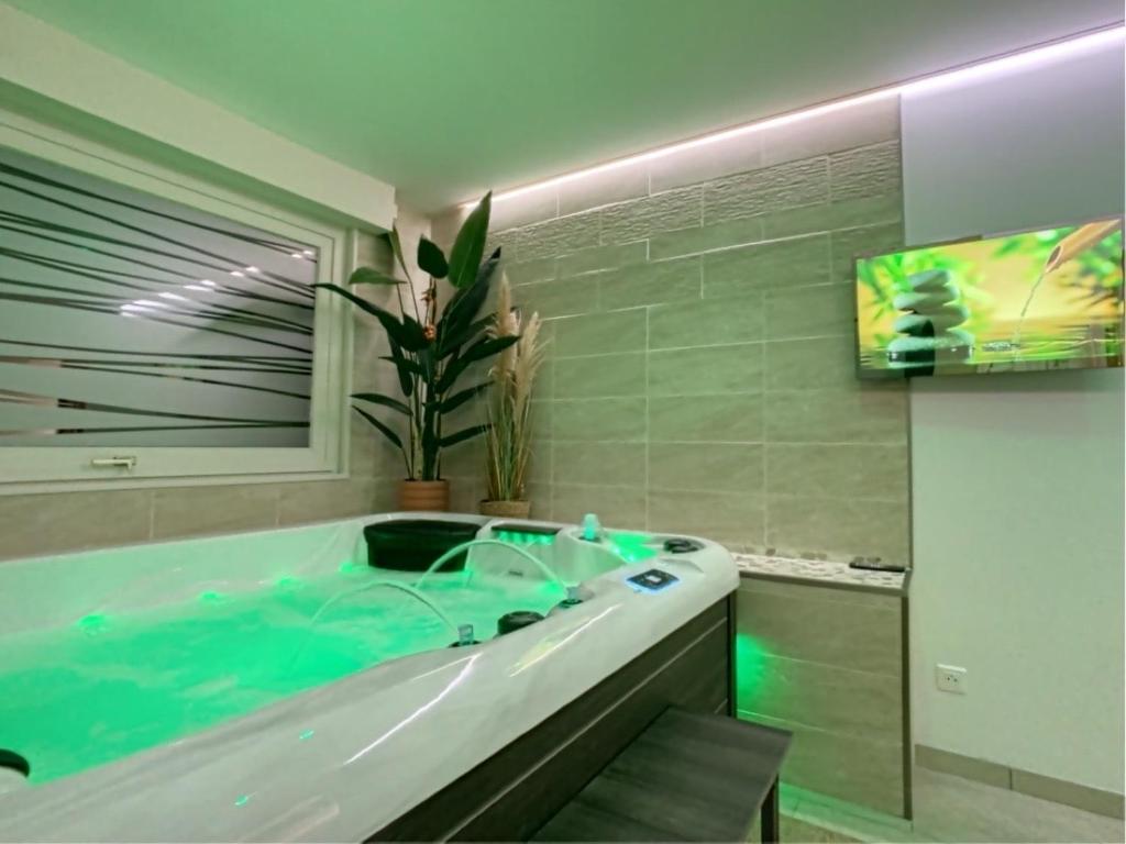 een badkamer met een bad en een tv aan de muur bij Espace privé - Gîte & Spa 
