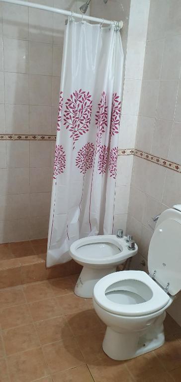 e bagno con servizi igienici e tenda per la doccia. di Departamentos Ariadna a Comodoro Rivadavia
