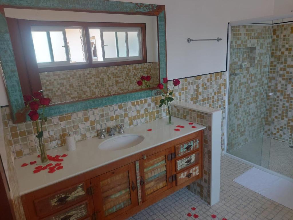 La salle de bains est pourvue d'un lavabo et d'une douche. dans l'établissement Casarão Caborê, à Parati