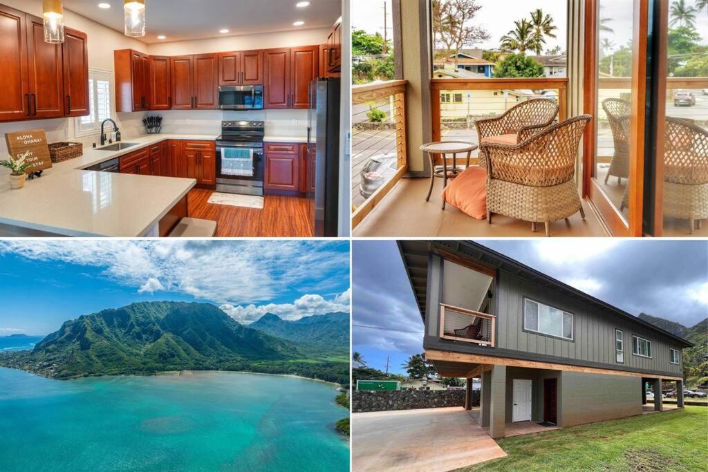 a collage of pictures of a kitchen and a house at Oceanfront Family Retreat - Large Groups Sleeps 20 in Kaaawa