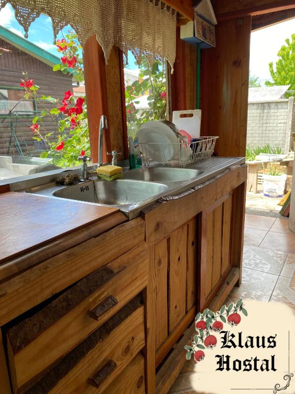 una cucina con lavandino e piano di lavoro di Hostal Klaus a Pucón