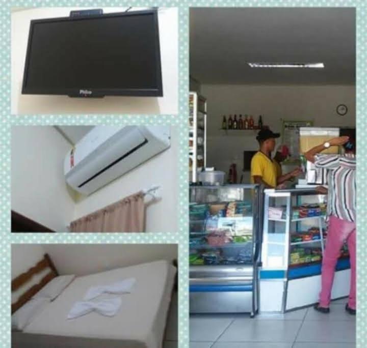 kolaż zdjęć sklepu z pracownikiem w obiekcie Hotel e Lanchonete Bom Gosto w mieście Bom Jesus da Lapa