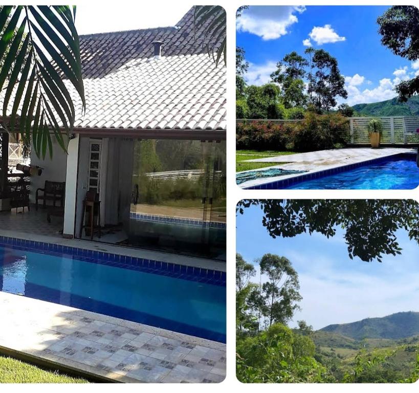 eine Collage mit Bildern eines Hauses und eines Schwimmbads in der Unterkunft Casa de Campo - Vista da montanha in Itaipava