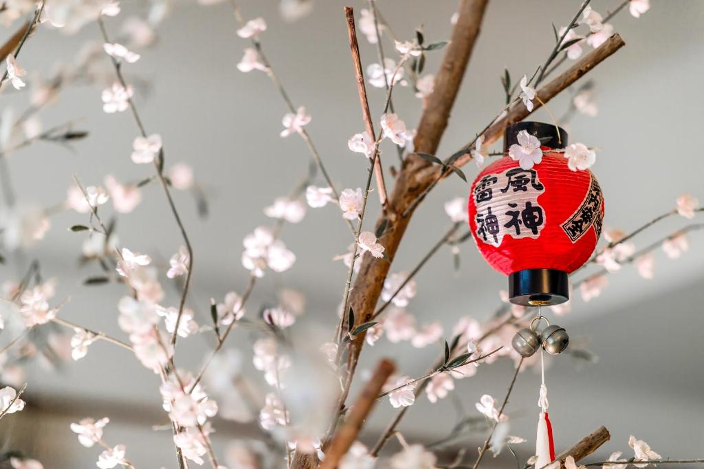 a red lantern hanging from a tree with flowers at 自由之丘民宿 l 寵物友善 in Taitung City