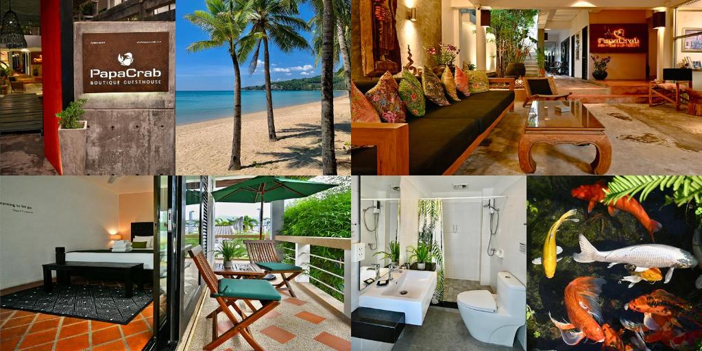 eine Collage mit Fotos eines Hotels mit Strand in der Unterkunft PapaCrab Boutique Guesthouse in Kamala Beach