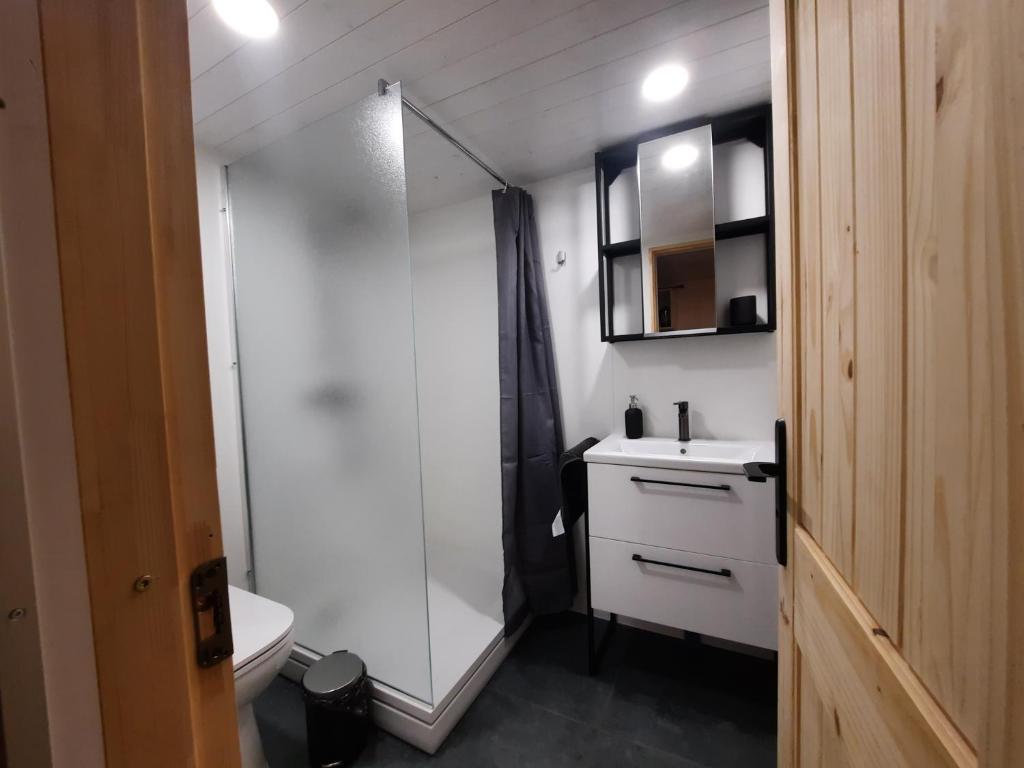 a bathroom with a shower and a toilet and a sink at Ramybės parkas 