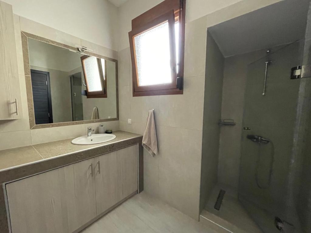 a bathroom with a sink and a shower and a mirror at Belvedere 1 in Drama