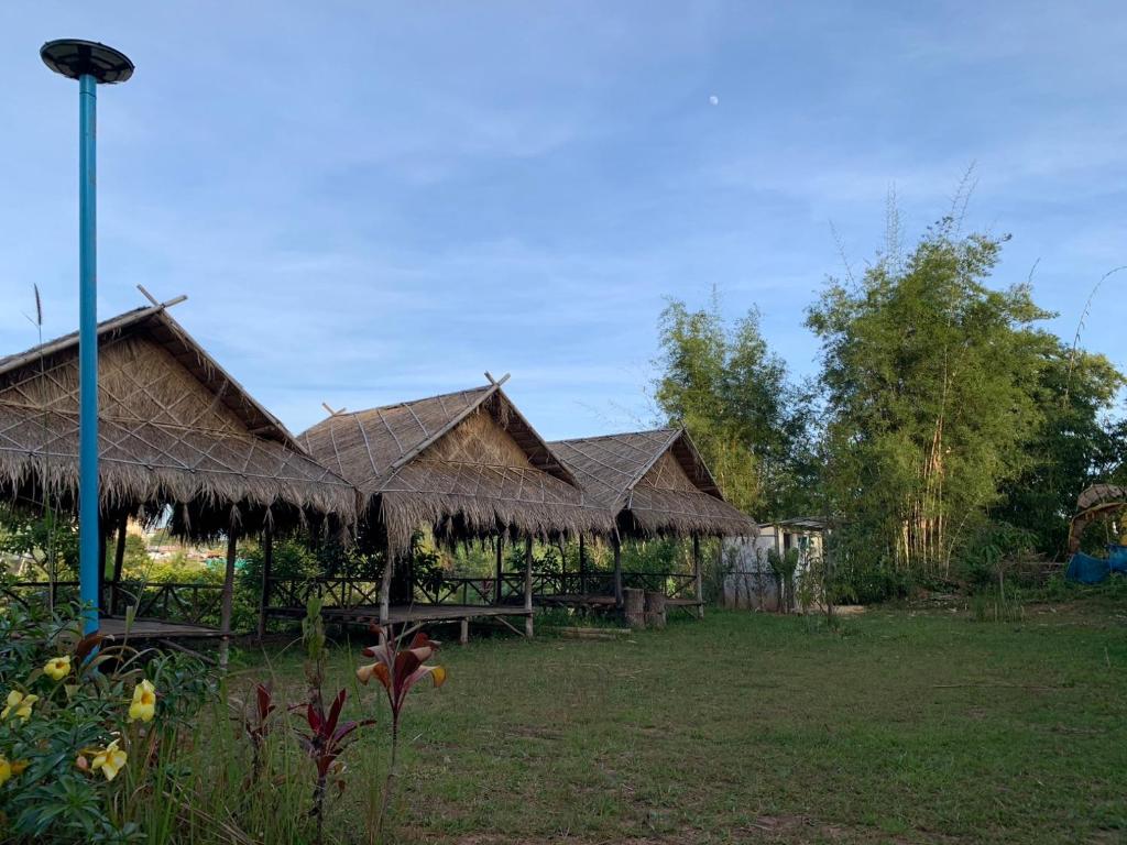 a group of huts with thatched roofs in a yard at ลาน​กางเต๊นท์​ข้าวซอย​เขาค้อ​ in Ban Khao Ya Nua