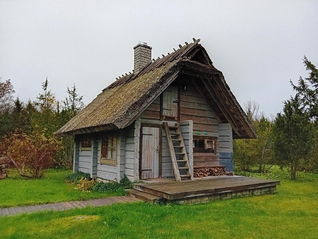 an old house with a ladder in a field at Romantiline saunamaja Pädaste lahe ääres in Pädaste