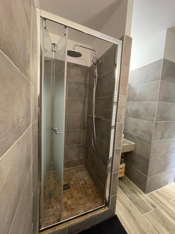 een douche met een glazen deur in de badkamer bij Appartement superdevoluy in Le Dévoluy