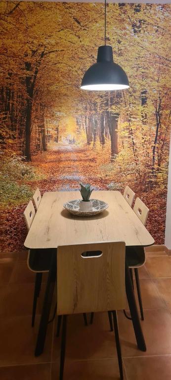 a dining room table with chairs in front of a wall at Apartamento Bronce in Riópar