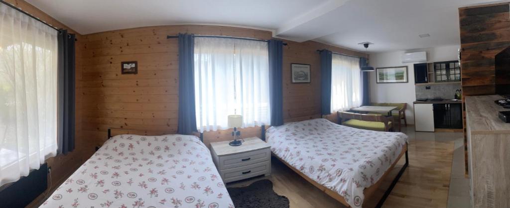 a bedroom with two beds in a room with windows at Alexandar studio apartman in Mokra Gora