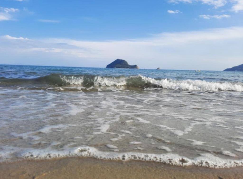 uma praia com uma pequena onda no oceano em Abby's Place em Zakynthos