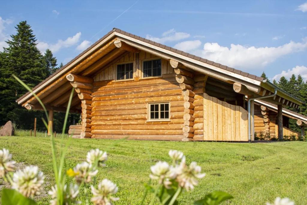 a log cabin in a field of grass with flowers at Blockhaus Almhütte Hofblick in Glatten