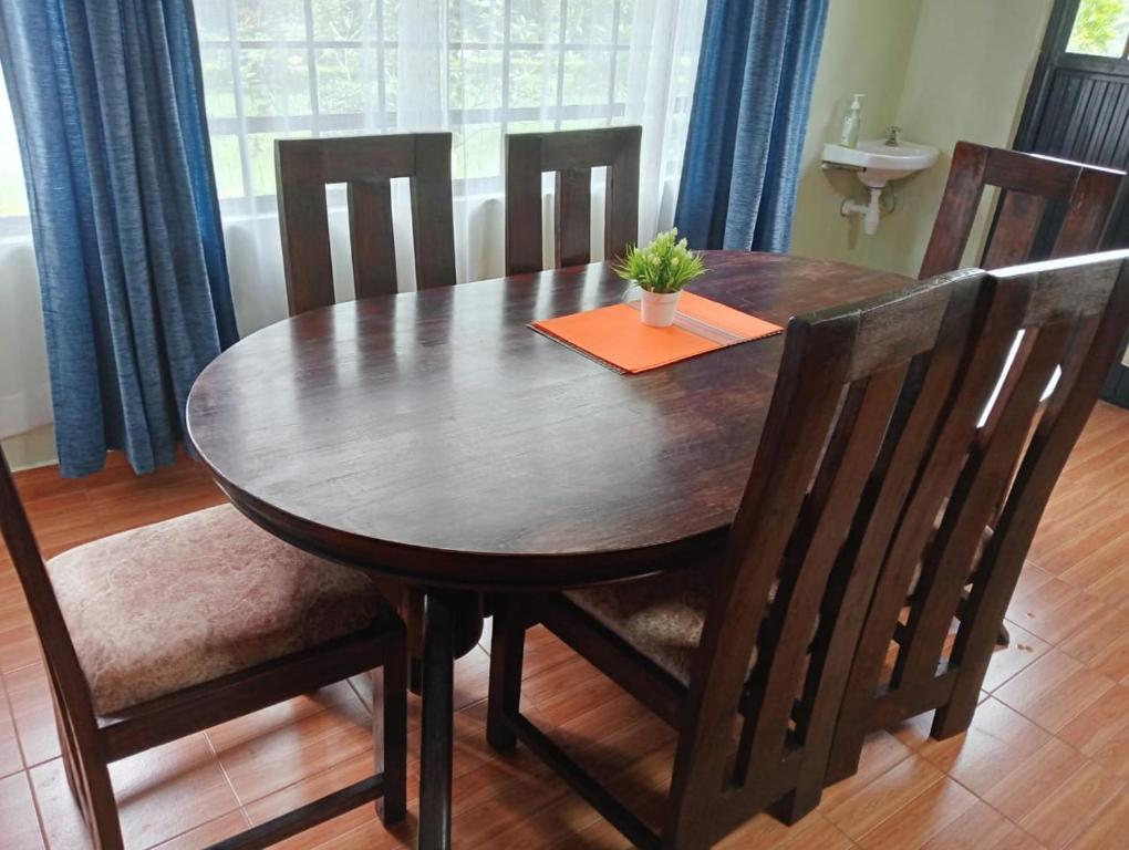 a wooden dining room table with chairs and a plant on it at The kioka gardens with Wifi and parking in Nanyuki