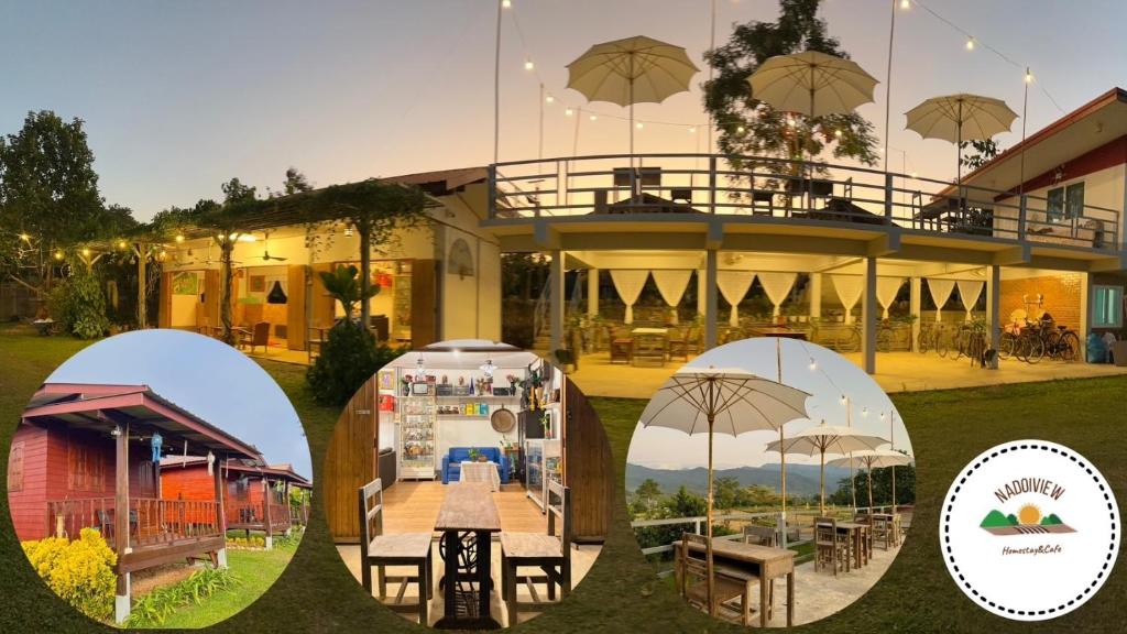 drie foto's van een huis met paraplu's ervoor. bij Nadoiview Homestay นาดอยวิวโฮมสเตย์ in Pua