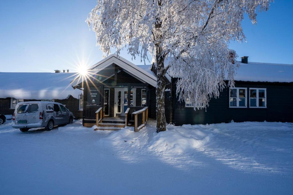バイトストーレンにあるBergo Romの雪に停められた車を持つ家