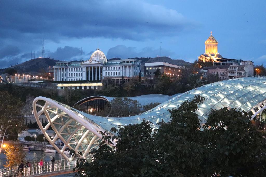una ciudad por la noche con un puente y edificios en Aivani 8, en Tiflis