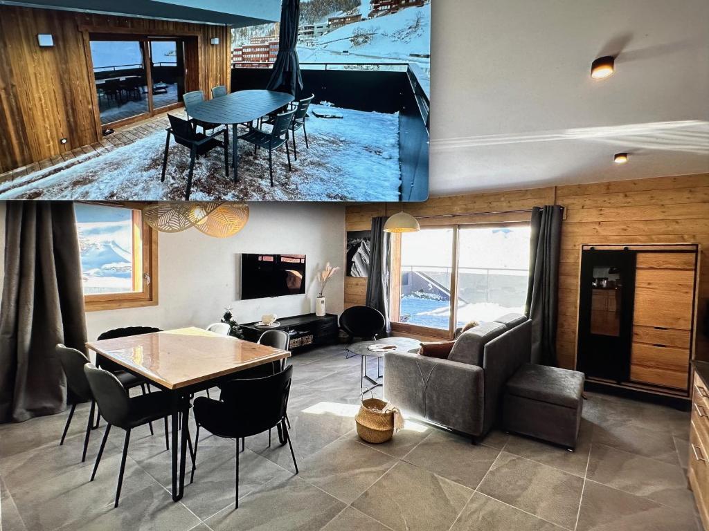 deux photos d'un salon avec une table et des chaises dans l'établissement Magnifique appartement de standing avec terrasse à Plagne Centre, à La Plagne Tarentaise
