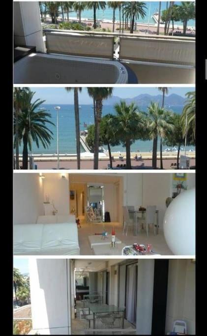 two pictures of a building with palm trees and the ocean at Croisette immo Palais d'Orsay Piscine Jacuzzi Vue mer Croisette 2 chambres 2 SDB in Cannes