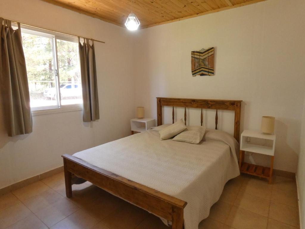 een slaapkamer met een groot bed en een raam bij Cabañas EL AGUARIBAY in Barreal