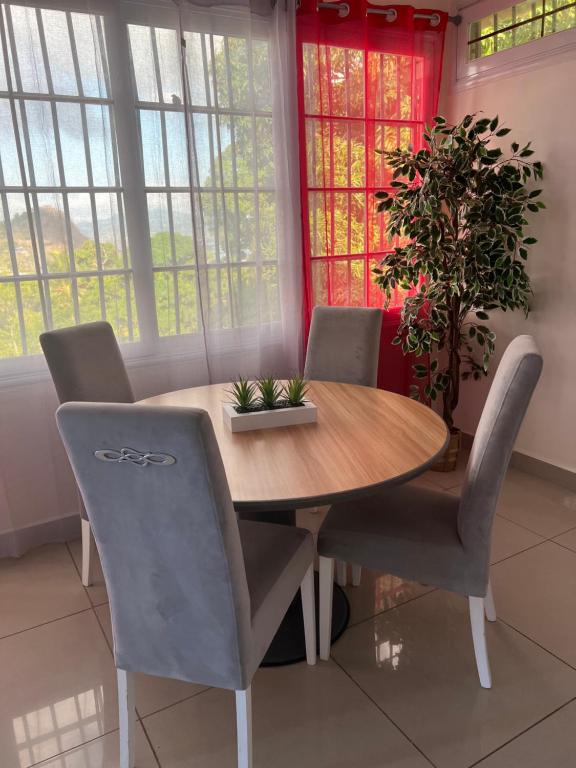 mesa de comedor con sillas y maceta en Superbe appartement T3 à Pamandzi, en Pamandzi