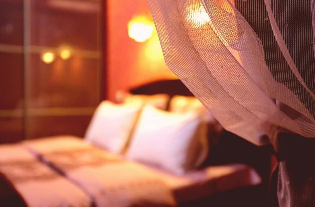 een slaapkamer met een bed met witte kussens en een gordijn bij VIP apart 352 in Tbilisi City