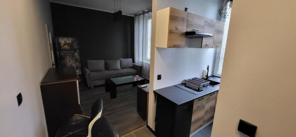a living room with a couch and a desk in a room at Apartament pod Wieżą in Piotrków Trybunalski