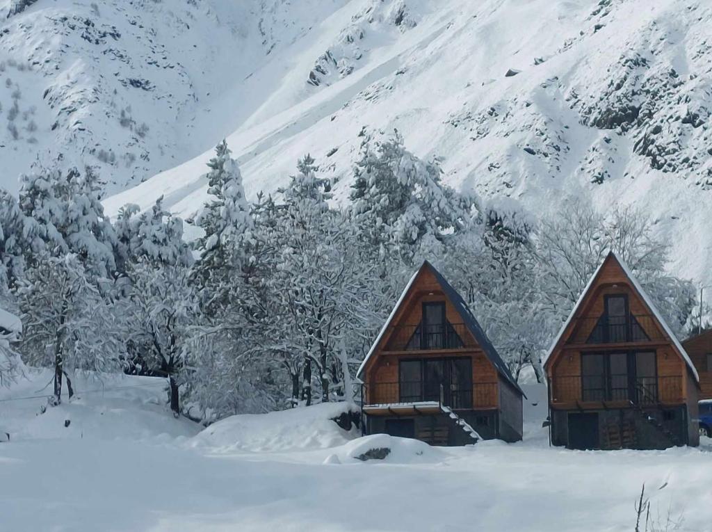 twee hutten in de sneeuw voor een berg bij Cottage Paradise in Kazbegi