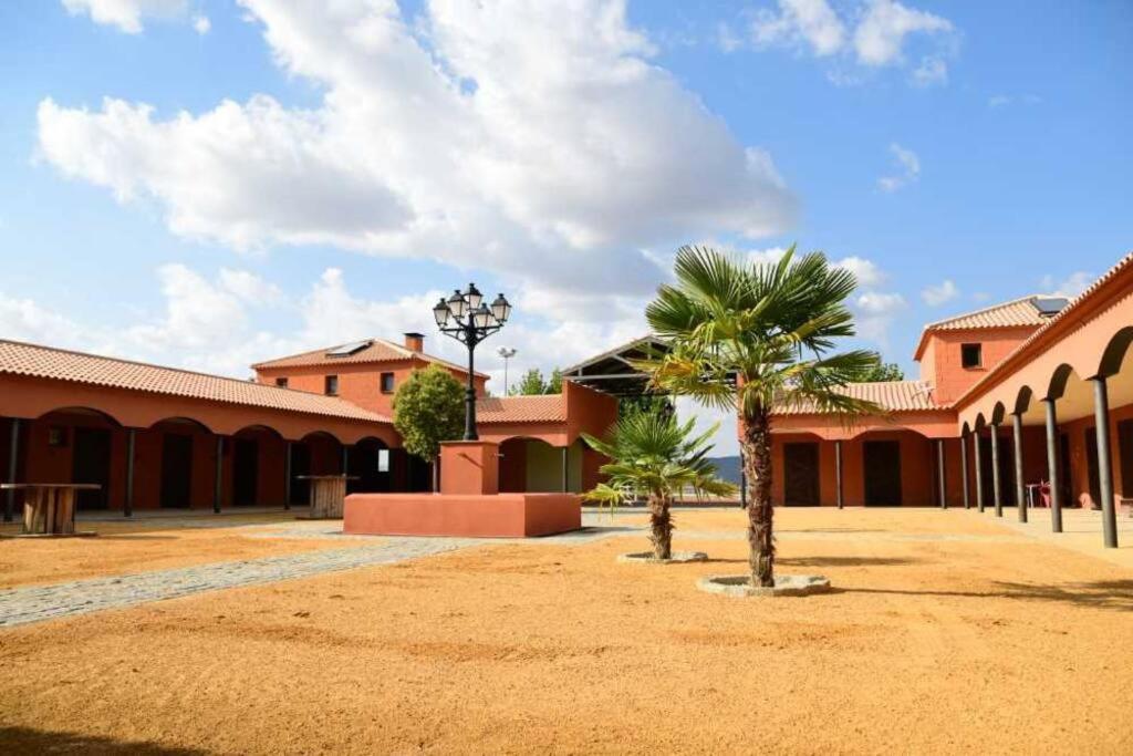 a courtyard with a palm tree and a building at Finca para eventos y complejo rural Mi Cobijo in Fuentelviejo