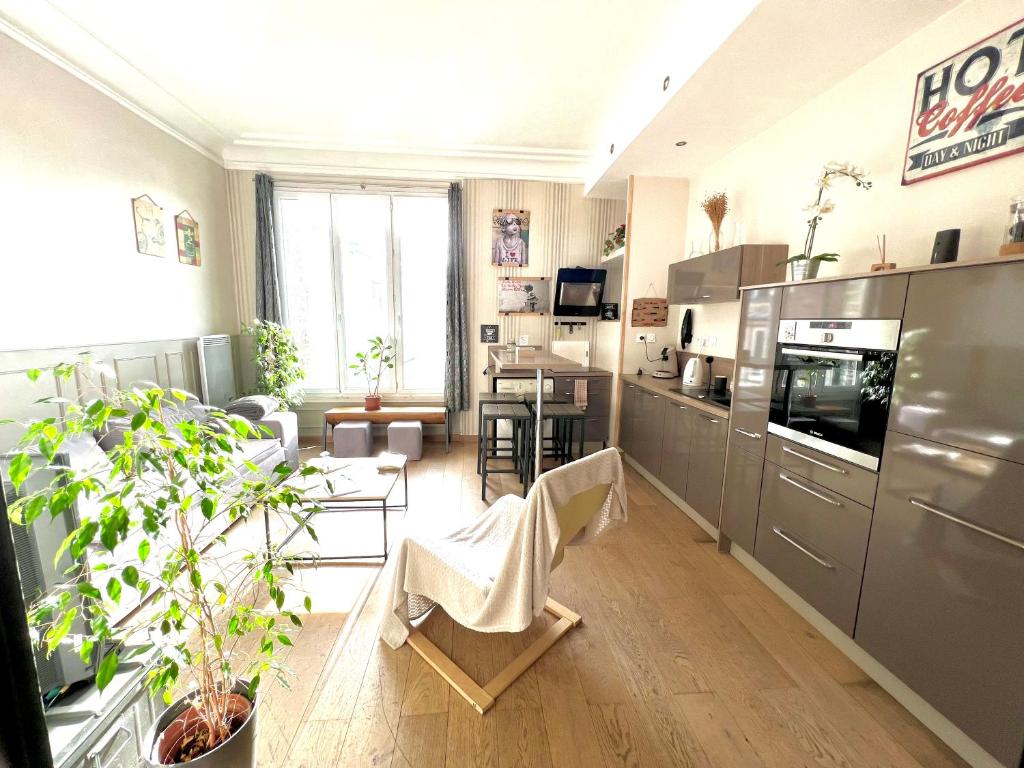 a kitchen with stainless steel appliances and a living room at Appartement charmant hyper centre ville Rouen in Rouen