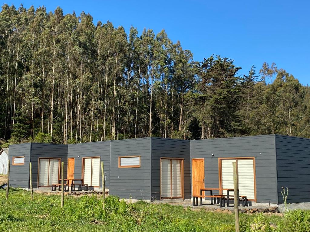 ein modulares Haus mit zwei Tischen vor einem Wald in der Unterkunft Cabañas del Valle Pudá in Dichato