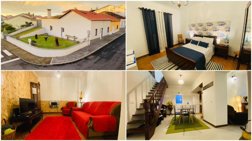 uma colagem de quatro fotografias de um quarto de hotel em Alojamento CANTO NA RELVA em Ponta Delgada