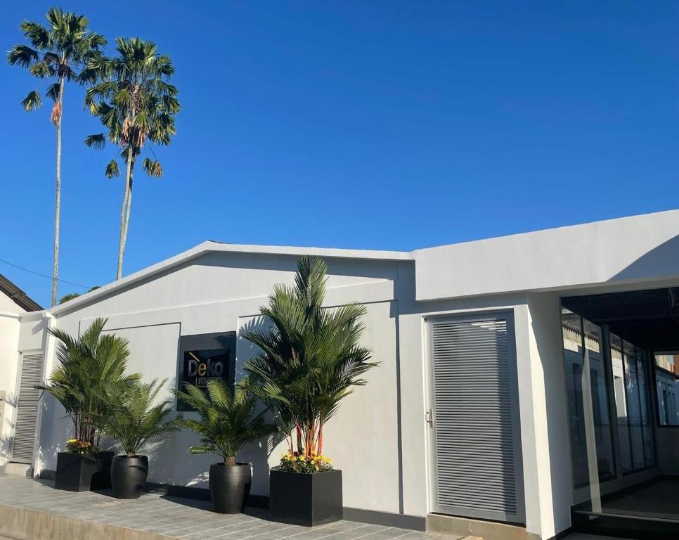 a white building with palm trees in front of it at Deko rooms in Arauca