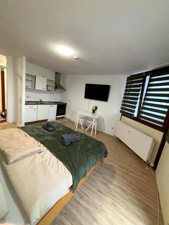 ein Schlafzimmer mit einem großen Bett in einem Zimmer in der Unterkunft Wohnen mit Panoramablick in Kornwestheim