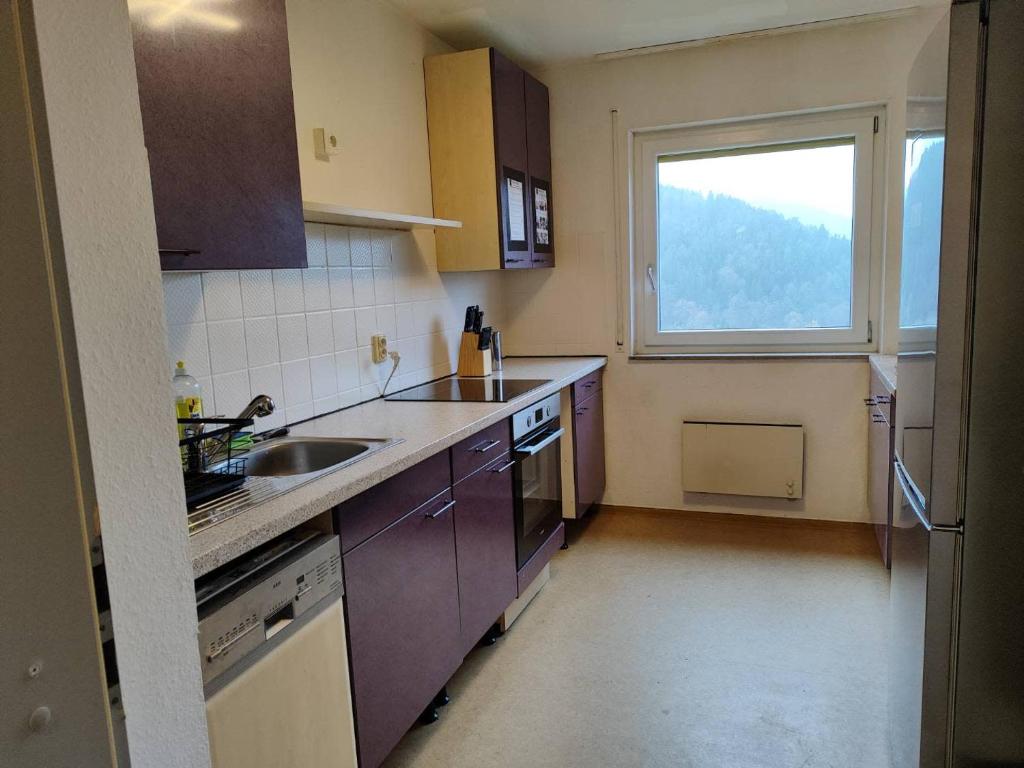 una pequeña cocina con fregadero y ventana en L8 Street Monteurwohnung - Calw en Calw