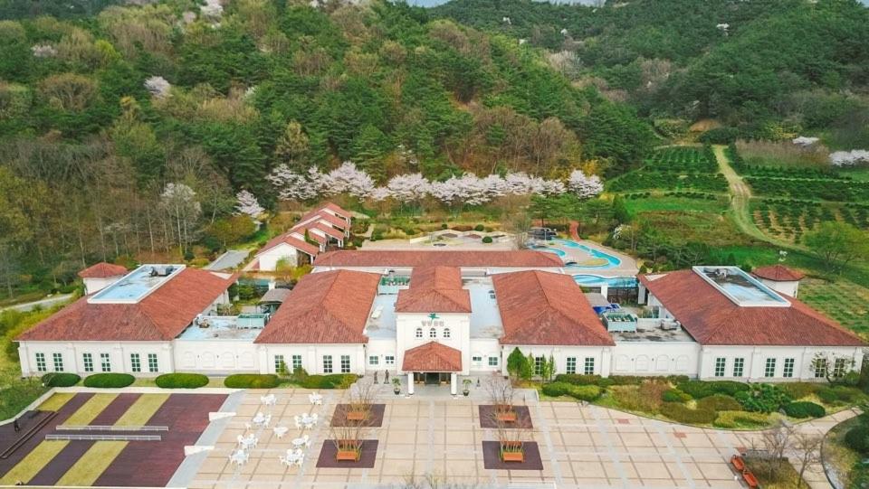 z góry widok na duży budynek z basenem w obiekcie Damyang Spa and Tourist Hotel w mieście Damyang