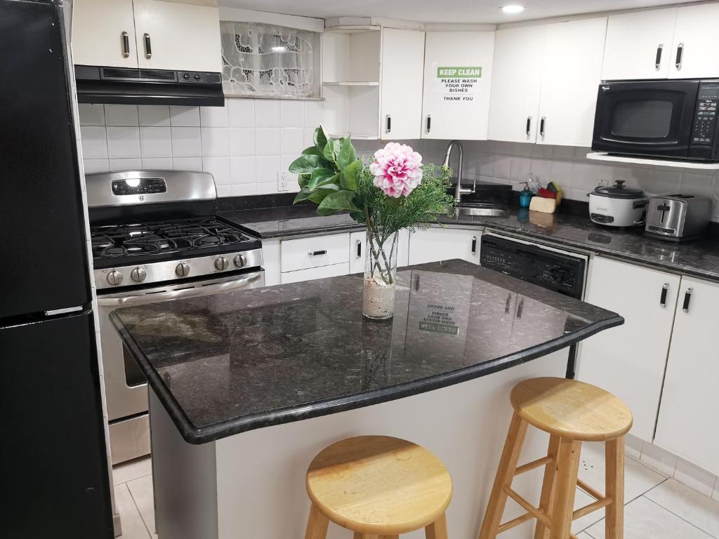 a kitchen with a counter with a vase of flowers on it at Tidy Private Rooms with Full Kitchen in Toronto