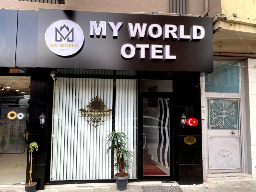 a sign for my world otel on the front of a store at MY WORLD OTEL ÇORUM in Corum