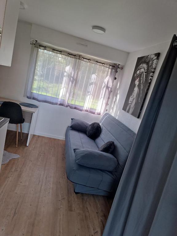 un salon avec un canapé bleu devant une fenêtre dans l'établissement Studio proche du CHU, à Nîmes