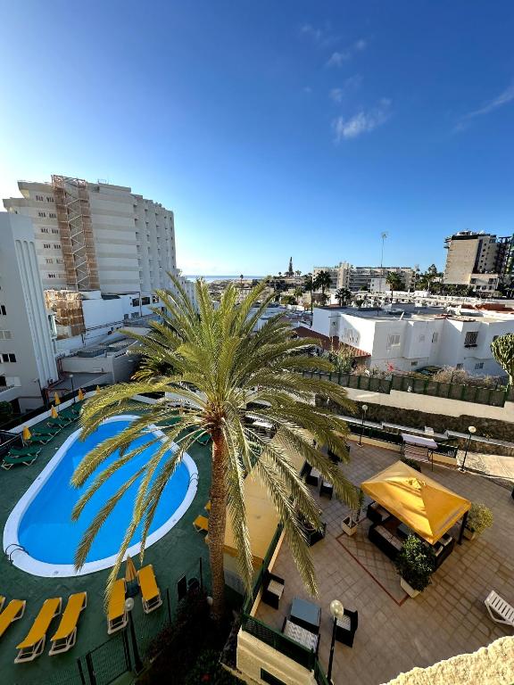 a palm tree next to a pool in a resort at Las Dunas DM sea view in San Bartolomé