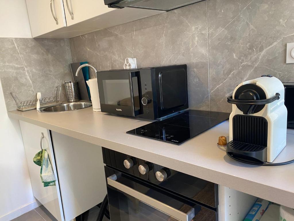 a kitchen counter with a microwave and a counter top with a coffee maker at Le Vénitien in Marseille