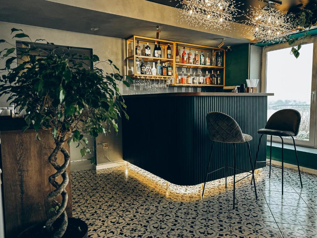 een bar met twee stoelen en een plant in een kamer bij Avalon Hotel&Pool in Yelikhovichi