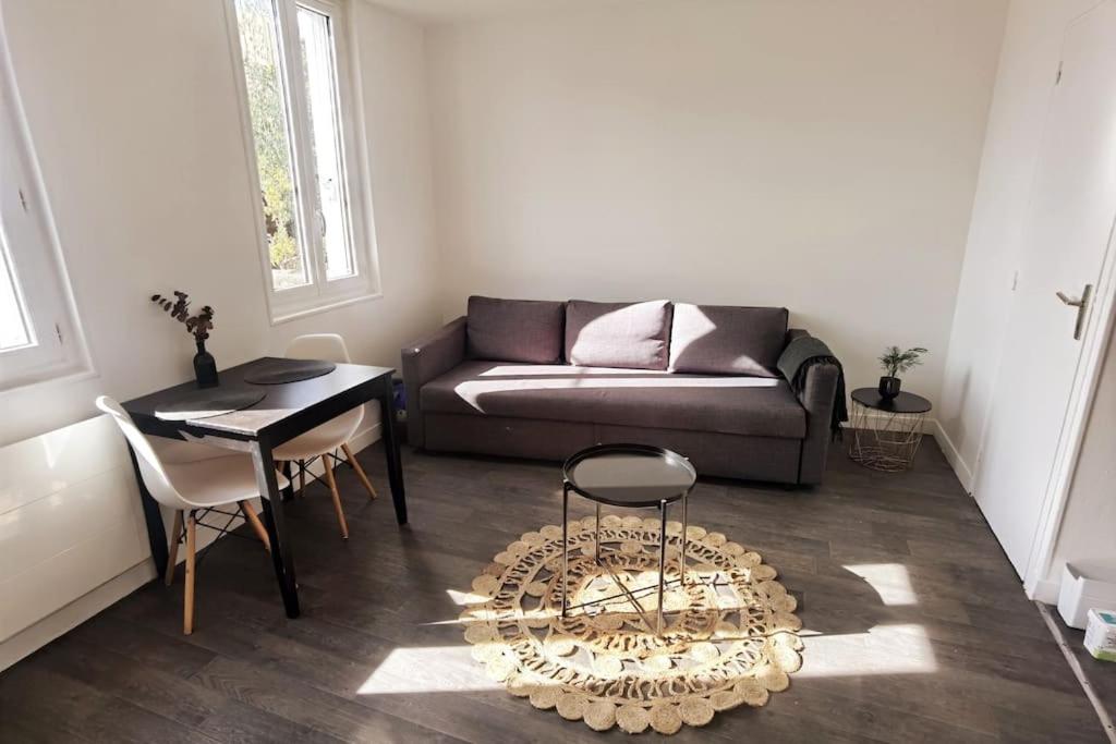 un salon avec un canapé et une table dans l'établissement Studio 2 proche du Jardin des plantes de Rouen, à Rouen