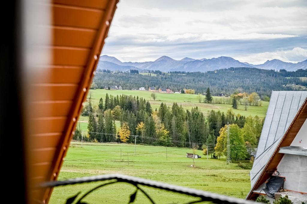 Aussicht aus einem Fenster auf ein Feld und Berge in der Unterkunft U Ireny in Zakopane