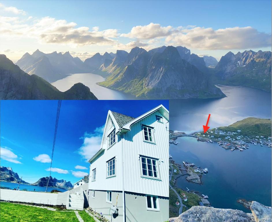 a collage of two pictures of a house and a lake at #Reinehuset - Amazing view! in Reine