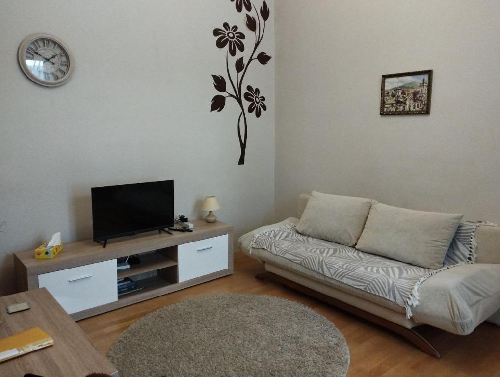 Family Stay in Lviv (2 Rooms + Kitchen) في Kulʼparkuv: غرفة معيشة مع أريكة وتلفزيون بشاشة مسطحة
