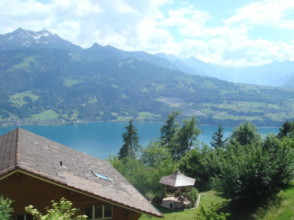 a house with a view of a lake and mountains at Apartments Seeblick mit Anbindung an ein 4-Sterne-Hotel in Beatenberg