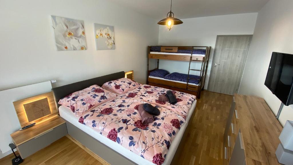 sypialnia z łóżkiem i łóżkiem piętrowym w obiekcie Apartmán Bára w mieście Cerny Dul