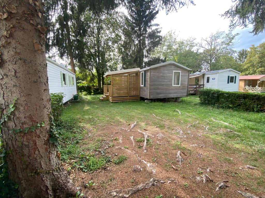 a yard with a cabin in the background with a tree at MOBIL HOME Clim BOOFZHEIM 6 PERSONNES 3 CHAMBRES LE RIED 3 ETOILES PROCHE EUROPA PARK in Boofzheim